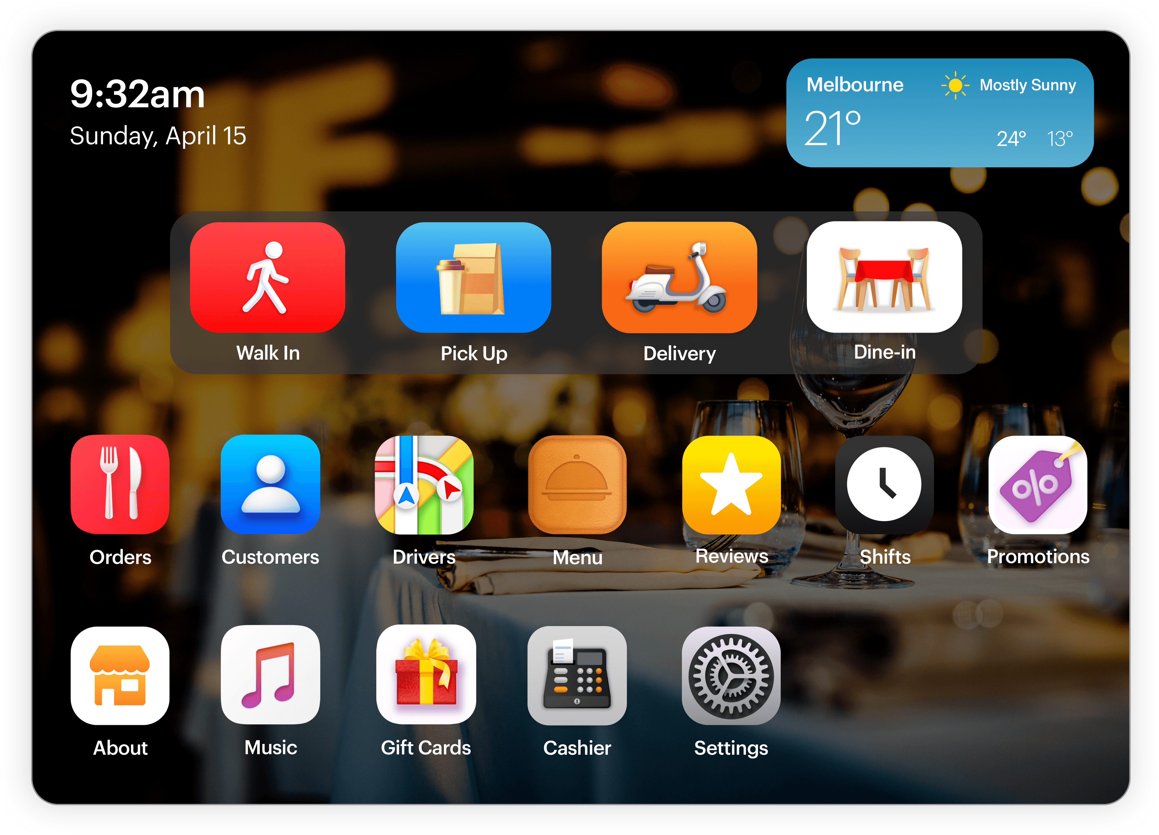 Next Order POS home screen showing Walk In, Pick Up, Delivery and Dine-in service modes with the Orders, Customers, Menu and Reports apps